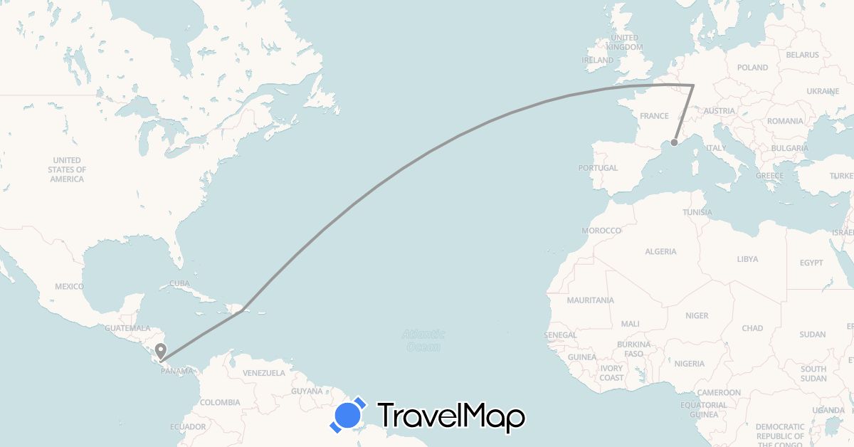 TravelMap itinerary: driving, plane in Costa Rica, Germany, Dominican Republic, France (Europe, North America)